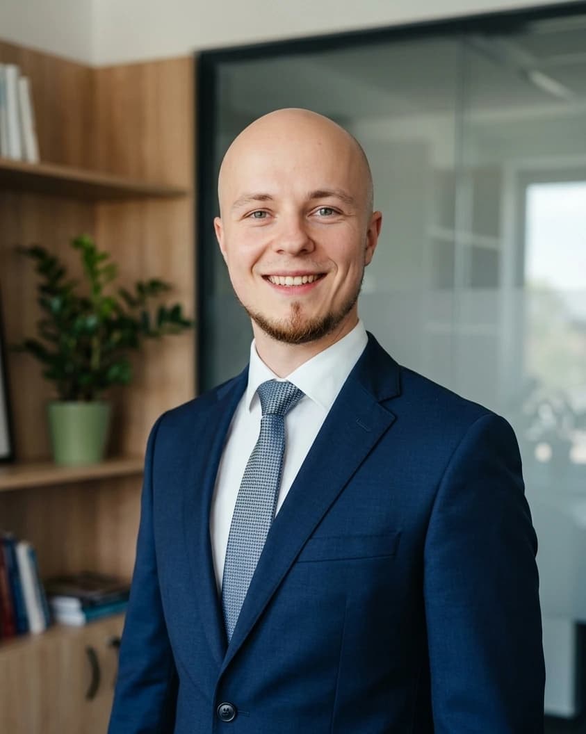 Mikołaj Mikołajczak — uśmiechnięty portret w granatowym garniturze